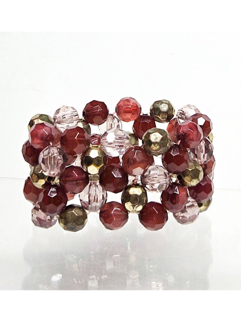 Vintage 5 Strand Beaded Bracelet  Red Gold Clear